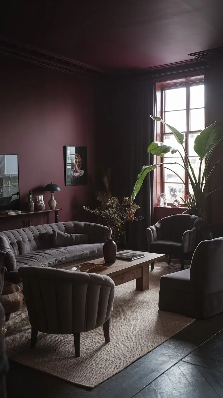 With its rich burgundy walls and soft lighting, this moody home features dark home decor and paint color ideas that inspire a stylish, atmospheric retreat.