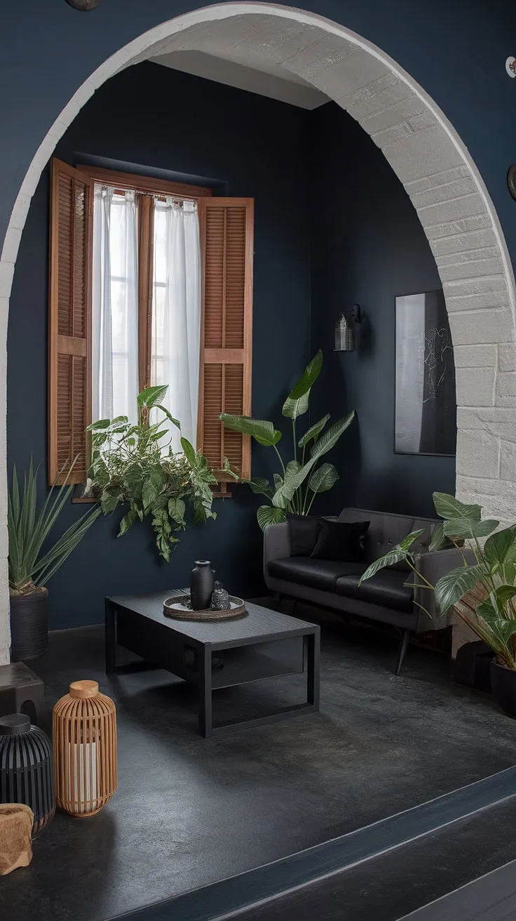 Featuring a striking blend of dark home decor and lush greenery, this moody living room highlights the allure of deep hues and sophisticated design elements.