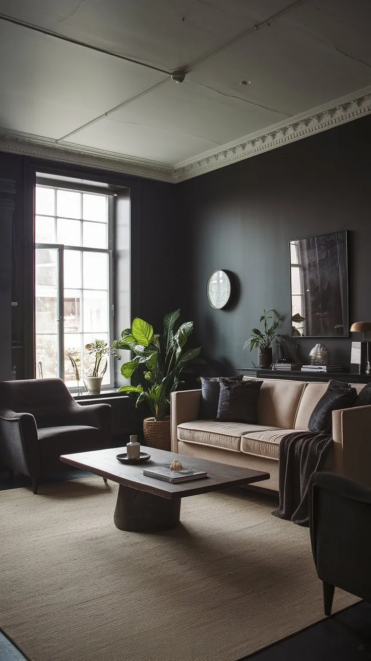 The moody home features a striking blend of dark home decor and natural light, highlighted by a dark grey wall, a cozy beige sofa, and stylish accents that elevate its overall aesthetic.