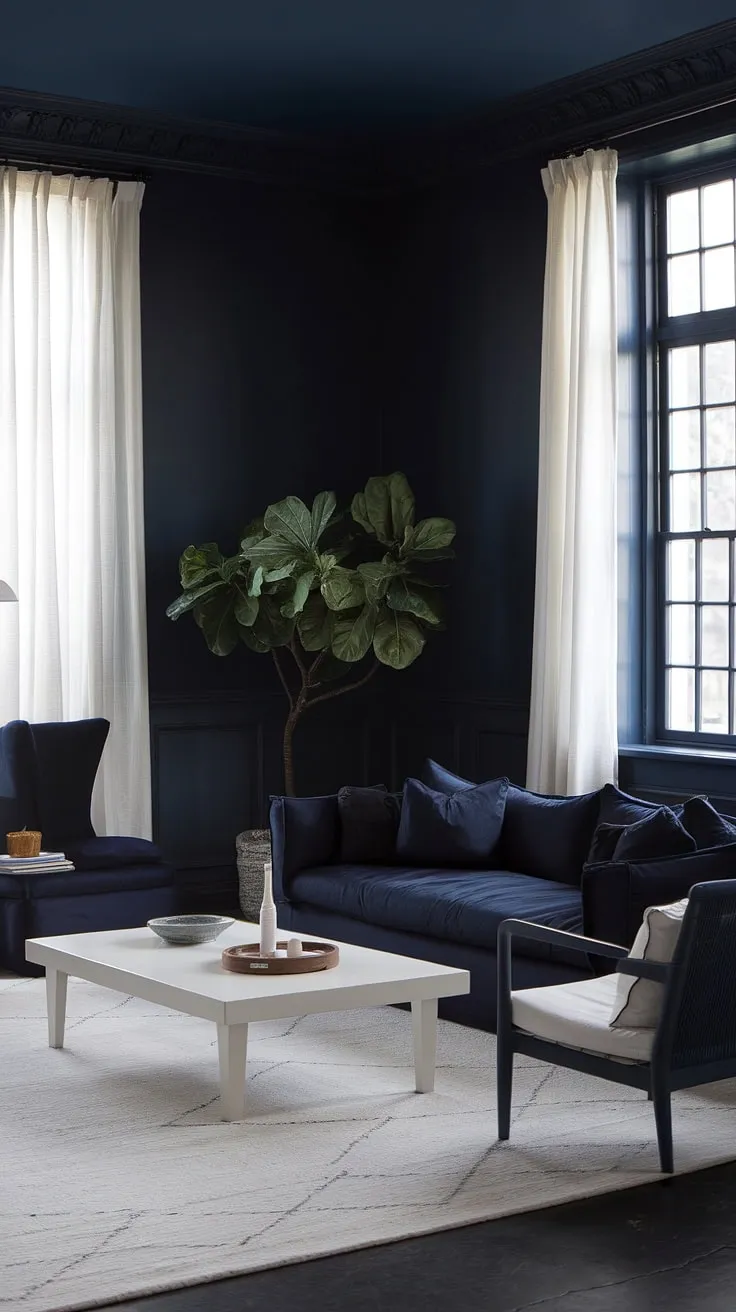 Create a captivating moody home with dark decor, featuring rich navy hues and stylish contrasts that inspire paint color ideas for your space.