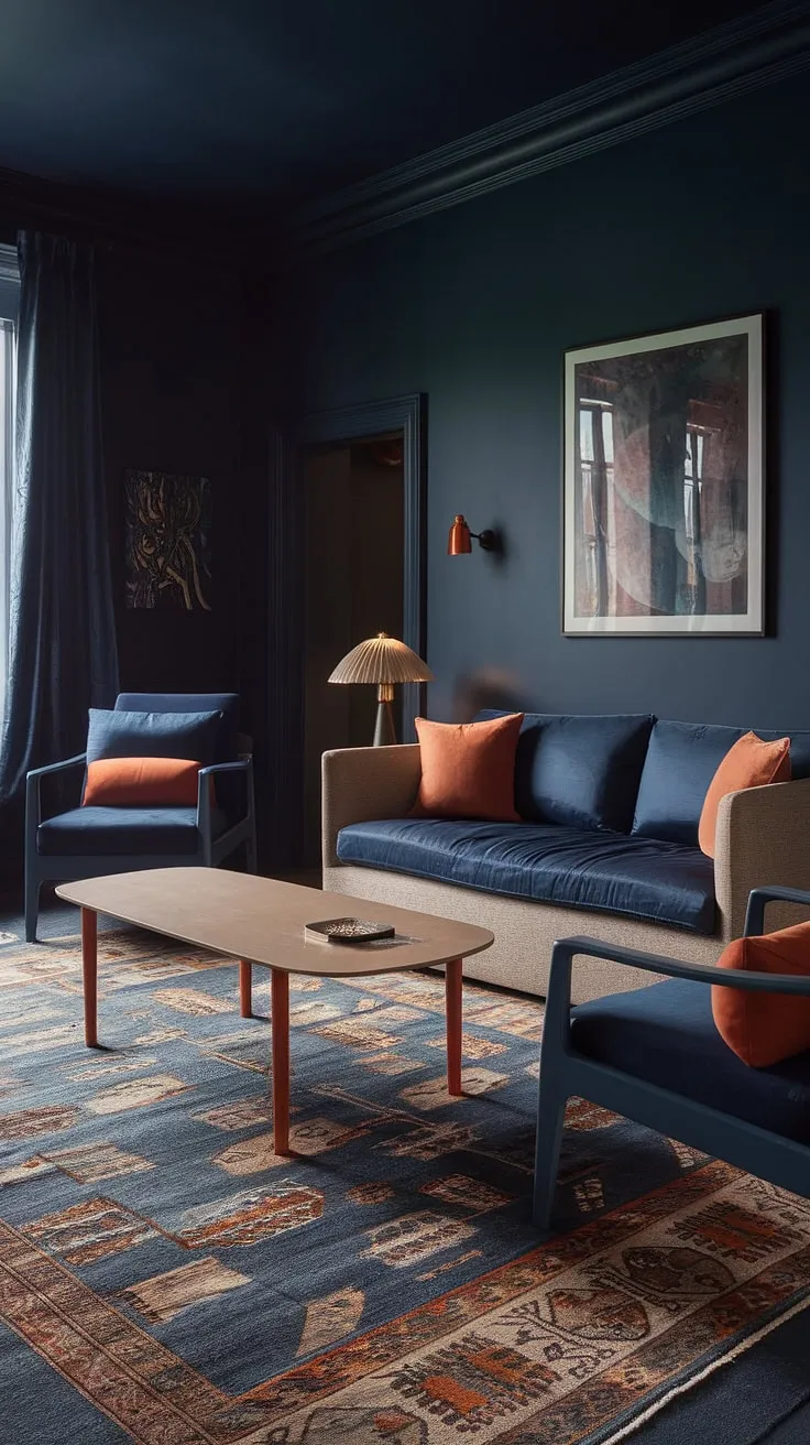 Featuring a blend of deep navy and warm orange, this moody home exemplifies dark home decor with its stylish furnishings and striking color combinations.