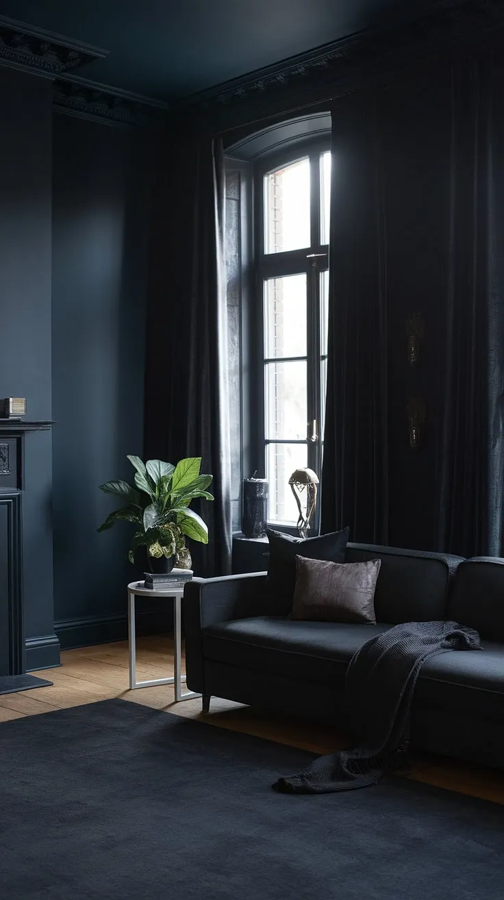 The moody home features a captivating dark aesthetic with navy walls, a grey sofa, and elegant decor, perfect for those seeking inspiration in colors for home design.