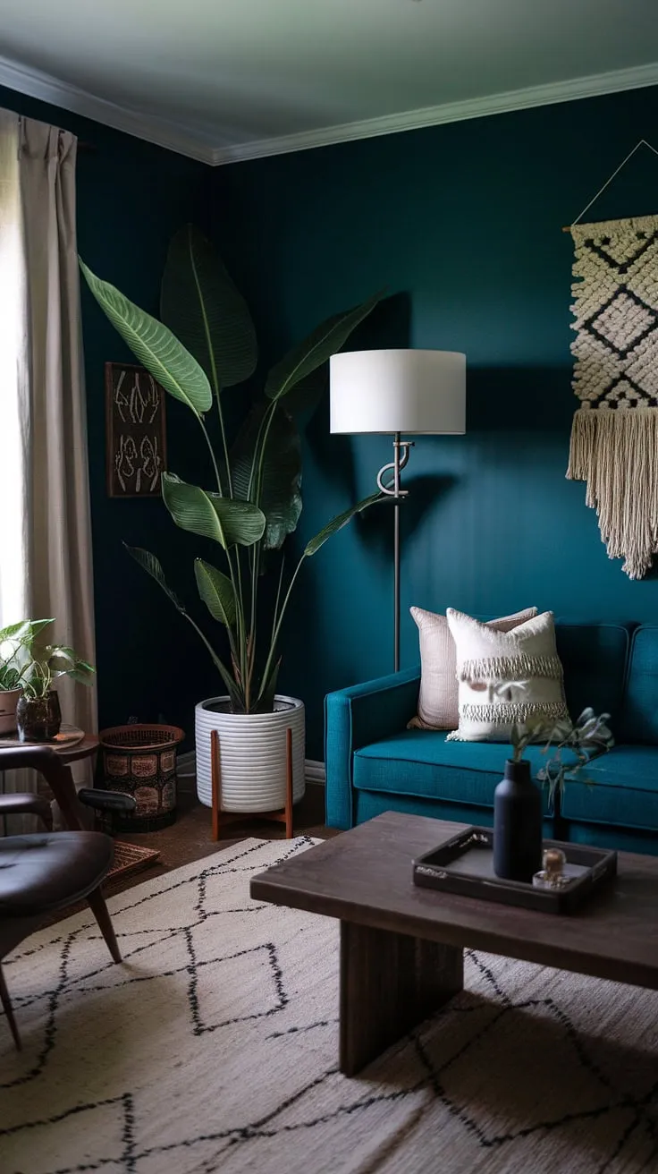 This moody living room showcases a deep teal paint color, complemented by dark home decor and a touch of greenery, creating a captivating moody aesthetic.