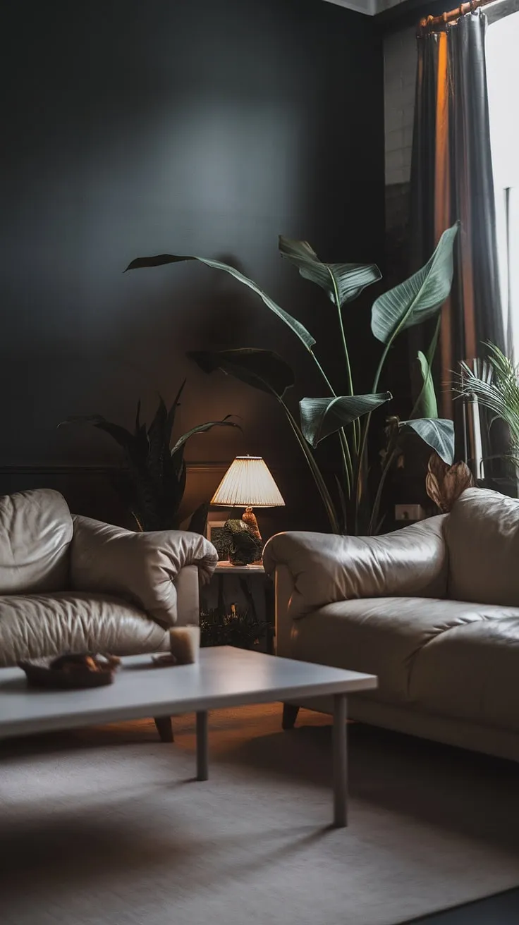 With its dark home decor and soft lighting, this moody living room highlights the beauty of contrasting colors for home design.