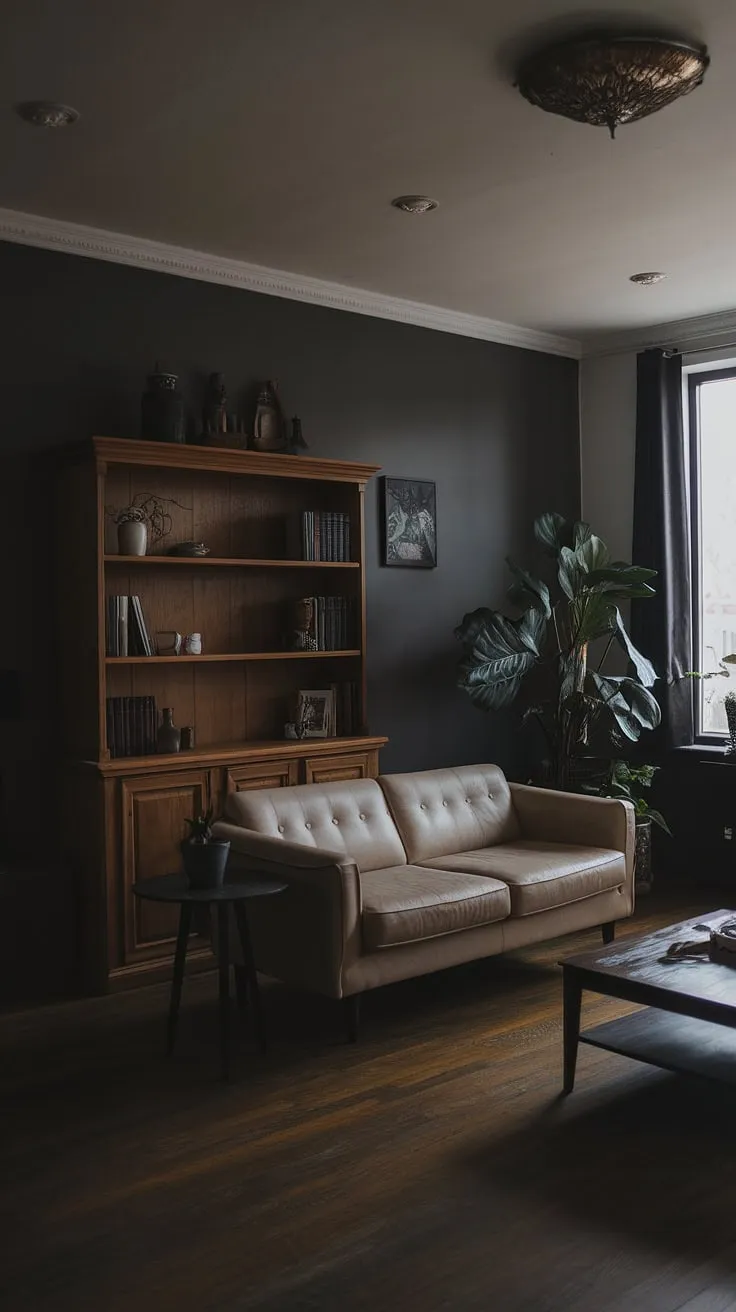 With its dark grey walls and stylish furnishings, this moody home exudes a captivating aesthetic that highlights the beauty of dark color palettes in interior design.