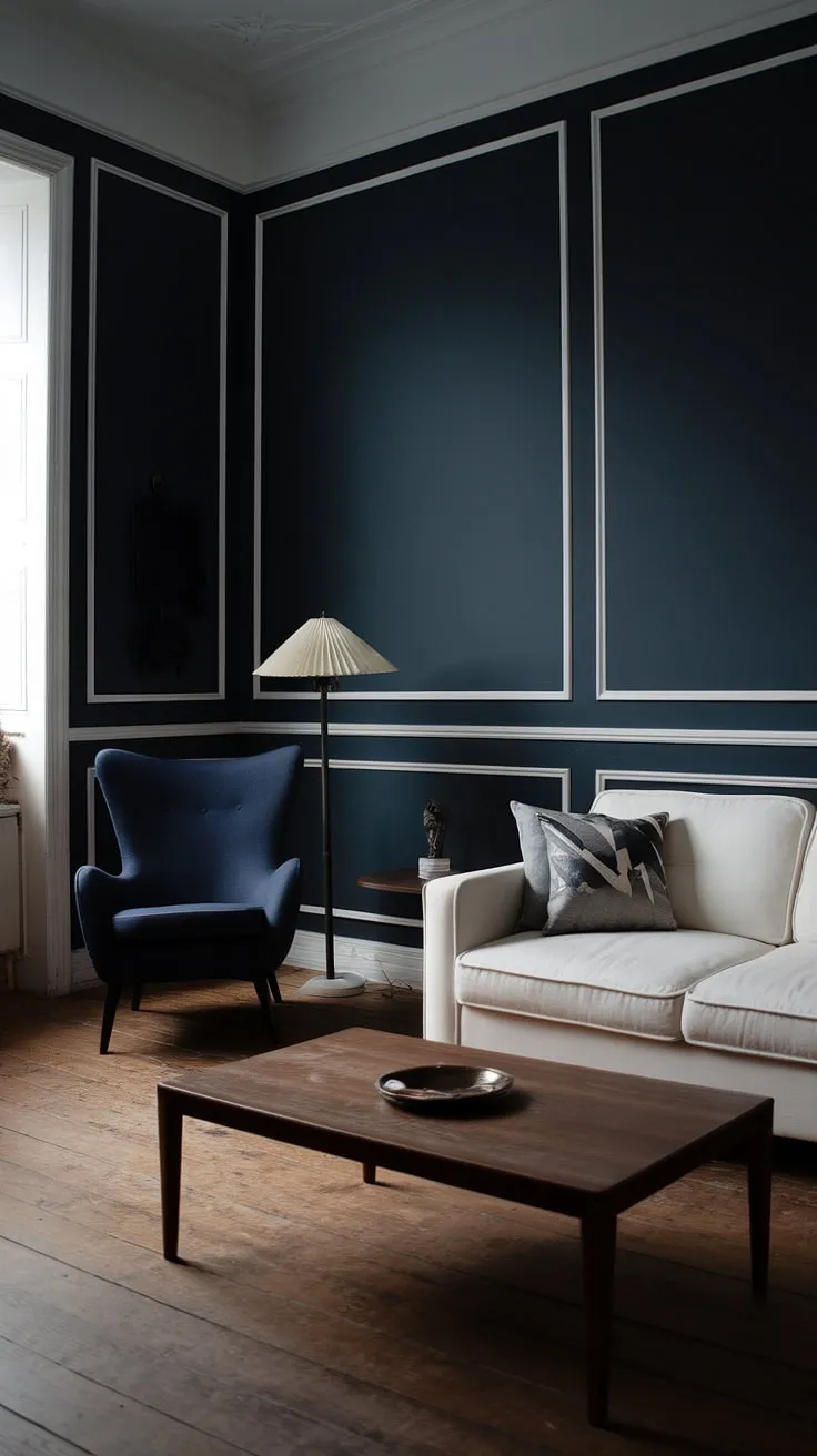 This moody living room showcases a captivating dark home aesthetic with deep blue walls, white trim, and stylish dark home decor that inspires paint color ideas for a cozy atmosphere.