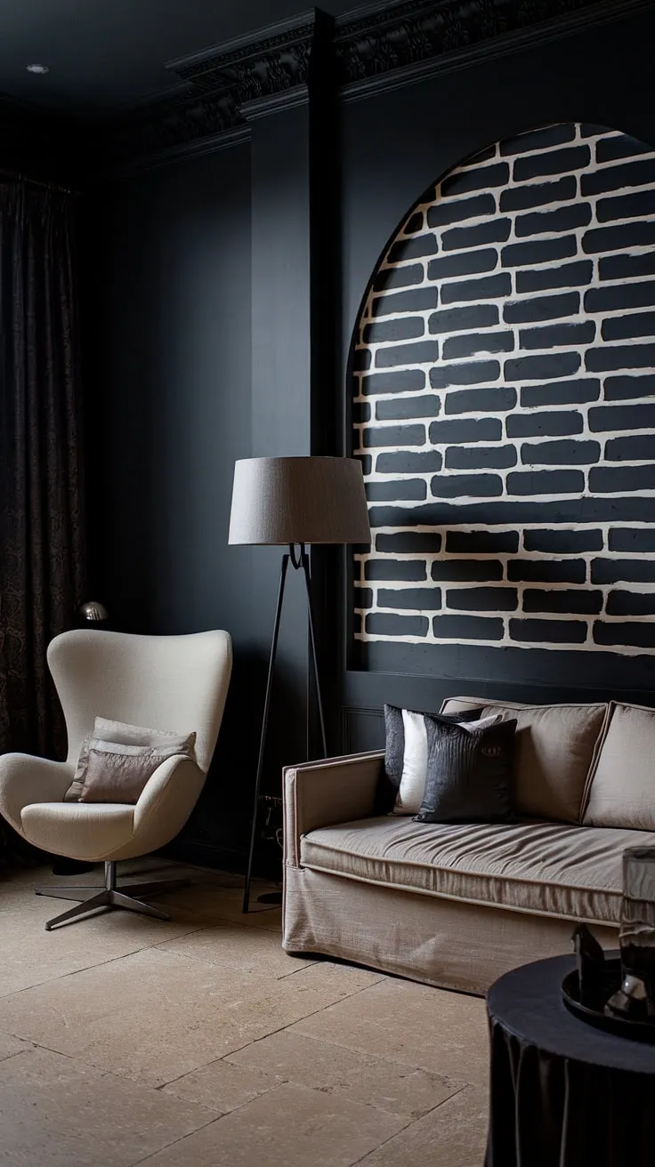 The moody home features a dark gray wall and elegant dark home decor, creating a captivating ambiance perfect for exploring paint color ideas and colors for home.