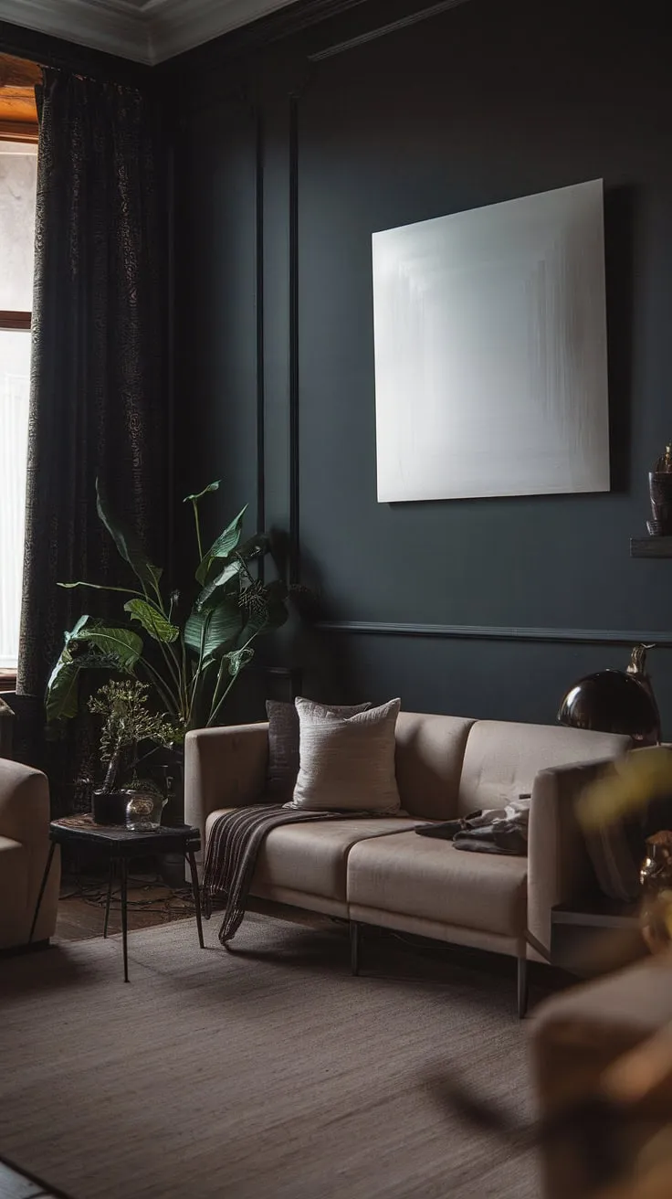 This moody living room showcases dark home decor with a dark grey wall, a beige sofa, and a touch of greenery, perfectly embodying the moody aesthetic and offering inspiring paint color ideas for a dark home.