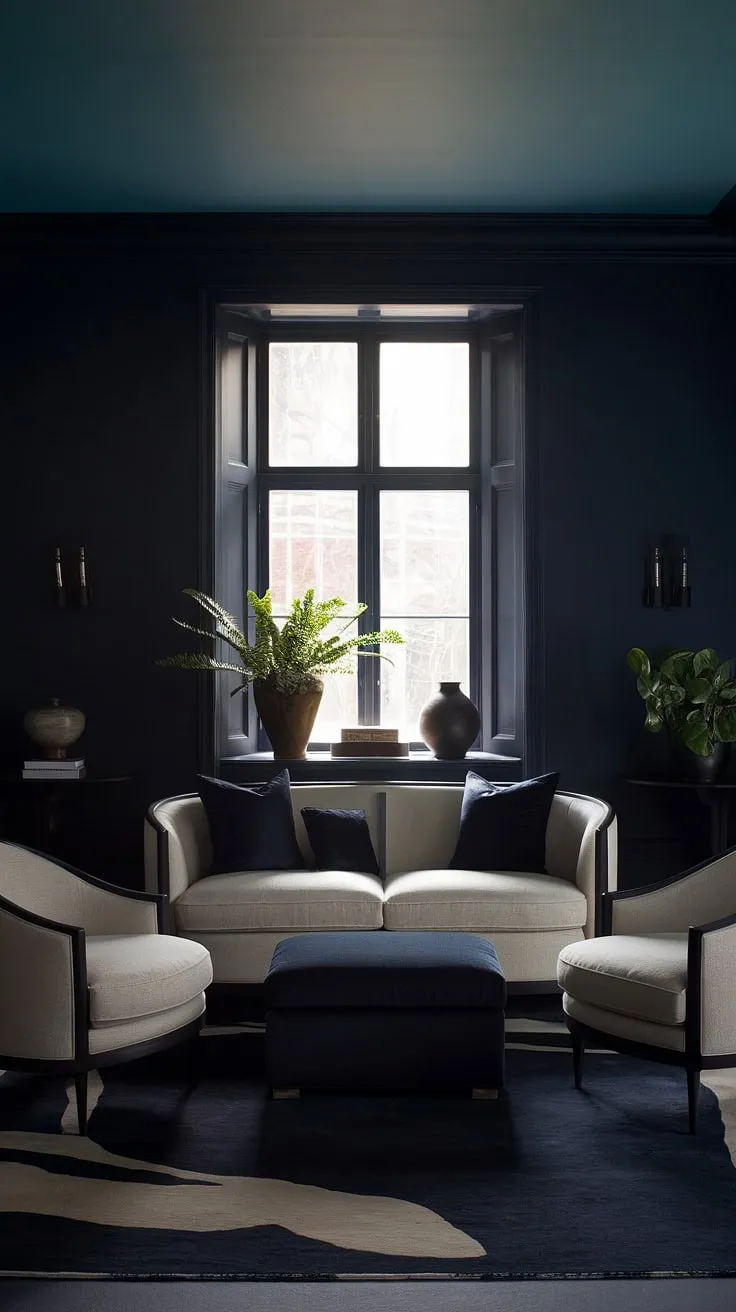 Transform your moody living room into a dark home decor haven with deep navy walls, a beige sofa accented in blue, and stylish furnishings that embody the moody aesthetic.
