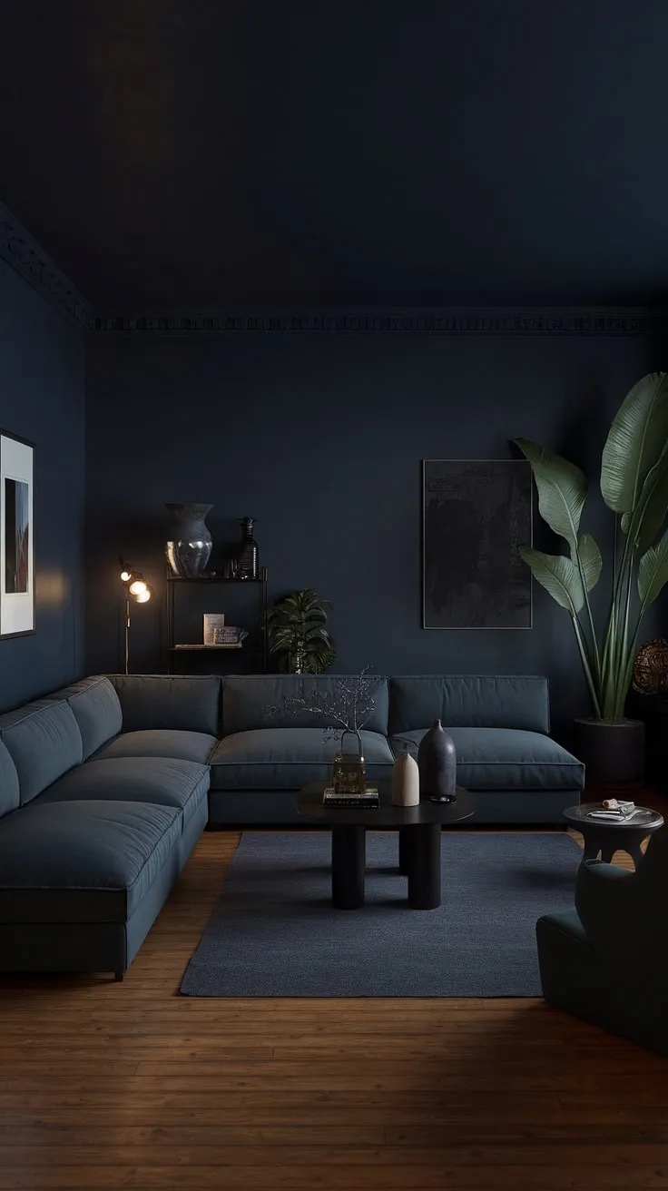 A moody living room with dark home decor showcases deep navy walls, a soft grey sectional, and stylish accents, creating a captivating moody aesthetic.