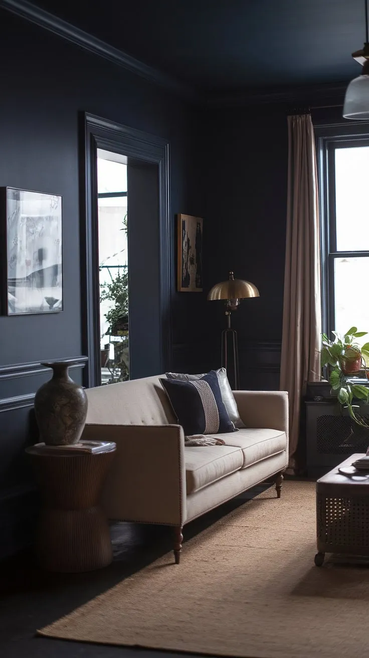 With its deep navy walls and elegant furnishings, this moody living room embodies the dark home decor aesthetic, offering inspiring colors for home enthusiasts.