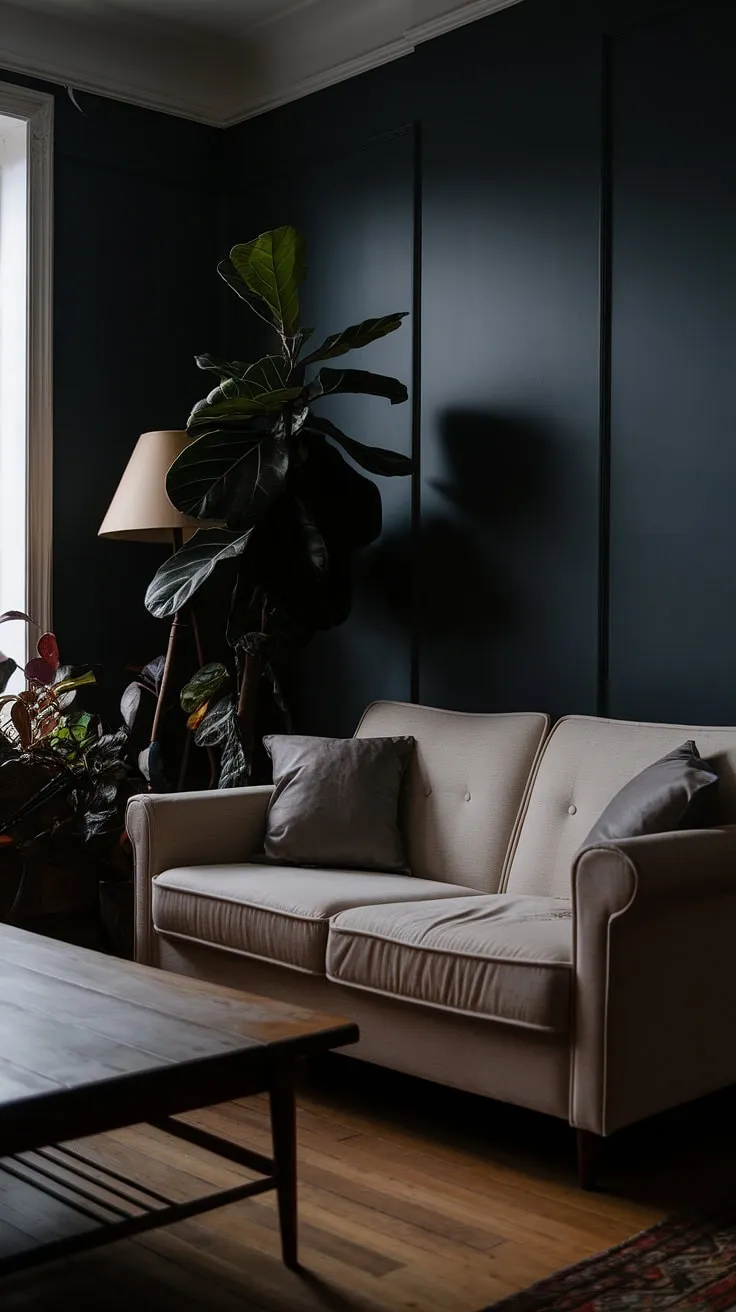 Transform your moody living room into a stylish dark home with paint color ideas that highlight the rich hues of dark blue walls, complemented by a beige sofa and wooden accents.