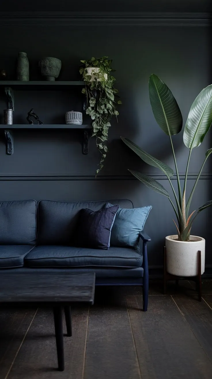 The moody home features a striking blend of dark home decor elements, including a dark grey wall and a blue sofa, creating a perfect backdrop for a stylish and inviting atmosphere.
