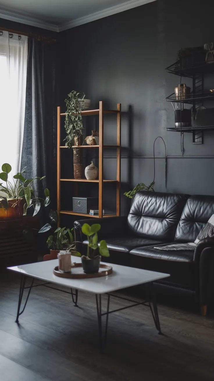 This moody living room showcases a dark home aesthetic with gray walls, a black leather couch, and soft lighting, making it a perfect example of paint color ideas for a stylish dark home.