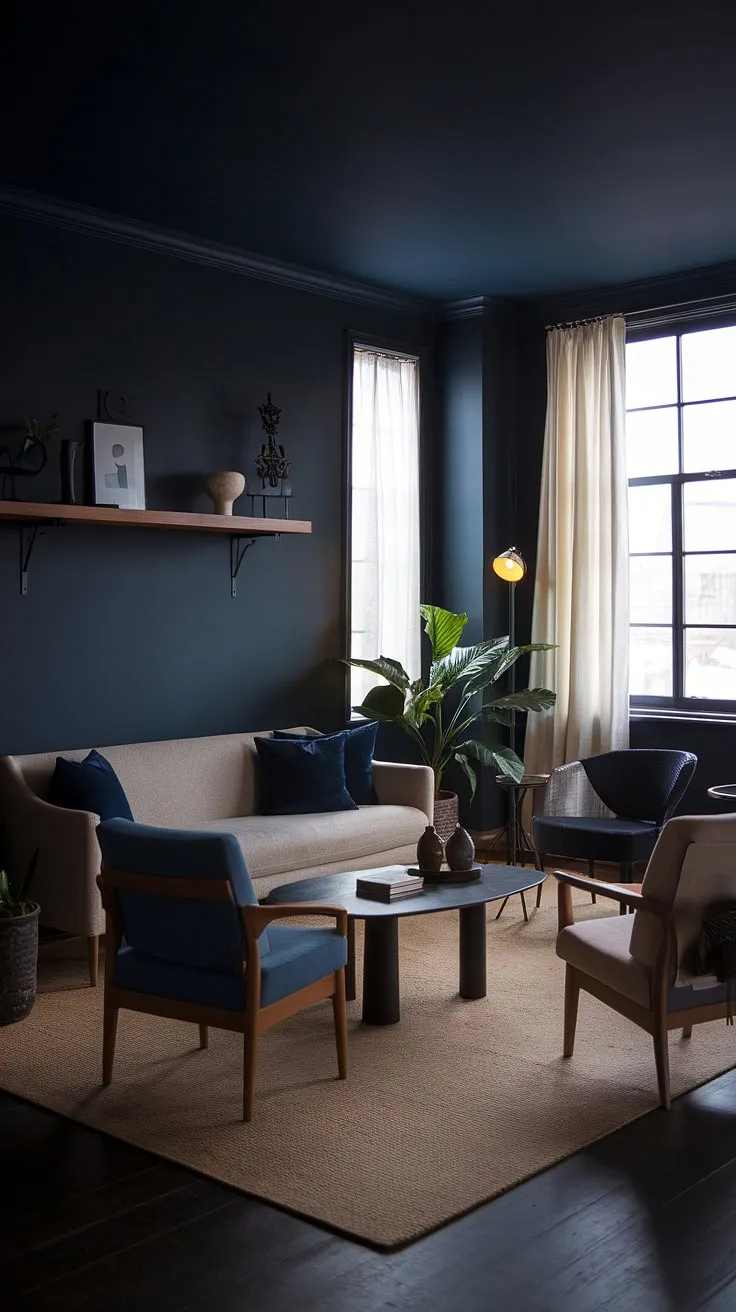 With its deep navy walls and dark home decor, this moody living room beautifully combines comfort and style, offering inspiring colors for home enthusiasts.