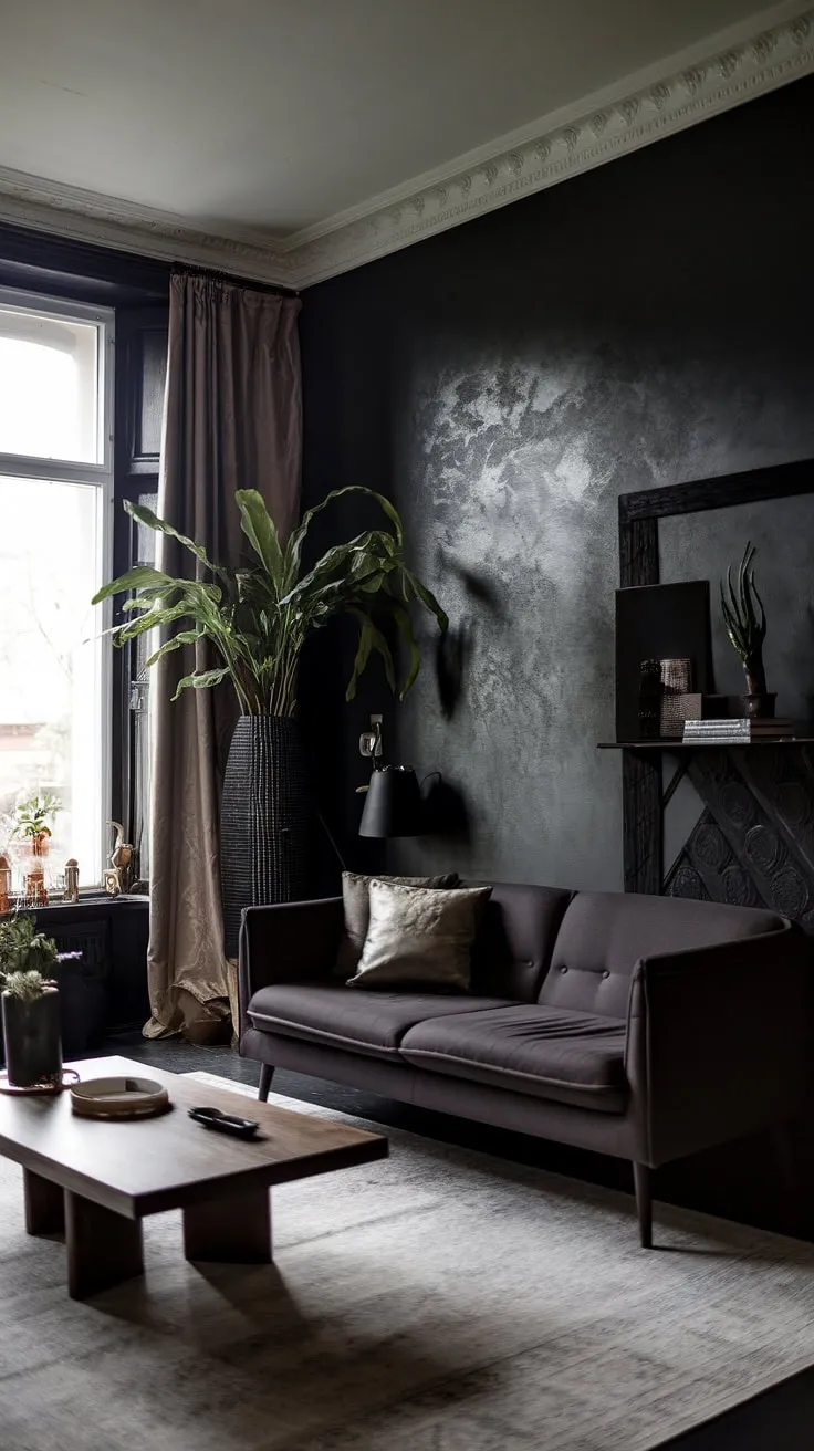 The moody home features a striking dark grey wall and decor elements that create an inviting atmosphere, ideal for those seeking colors for home that evoke depth and sophistication.