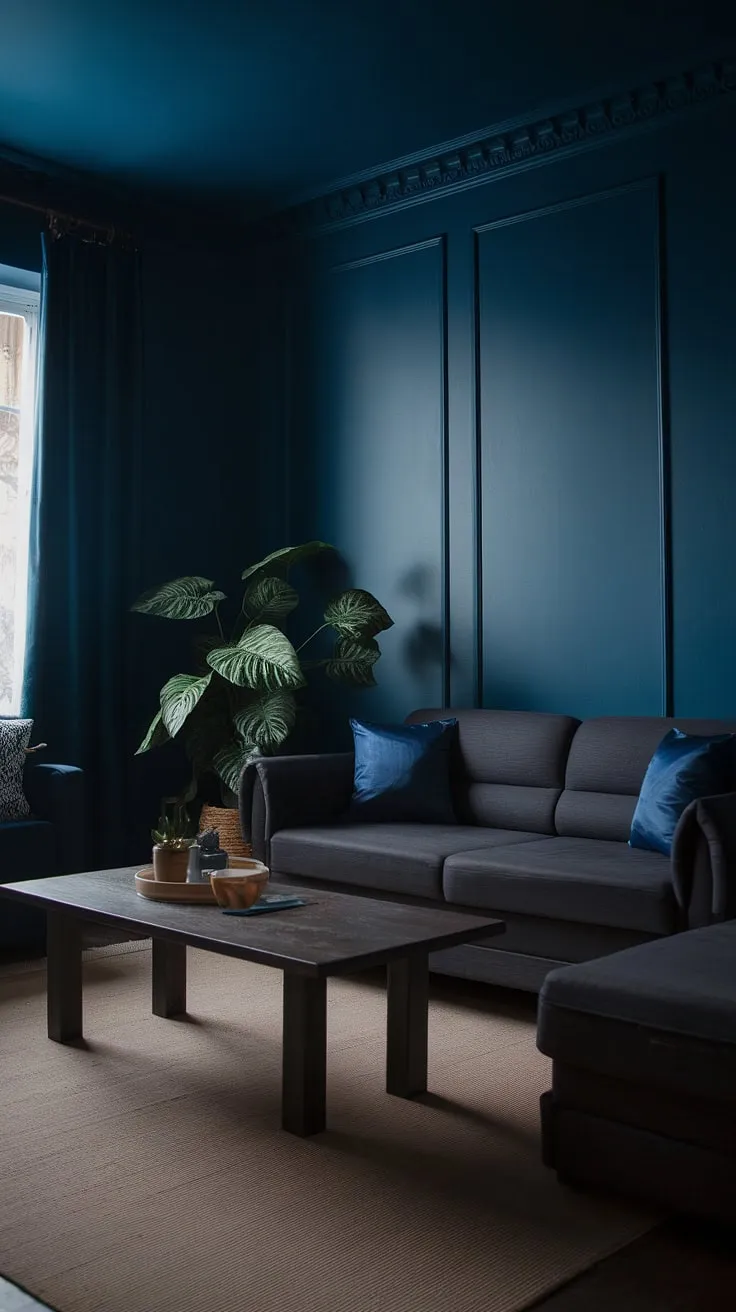 The moody home features dark home decor elements, including a deep blue wall and a cozy grey sofa, creating a perfect backdrop for a sophisticated and inviting atmosphere.