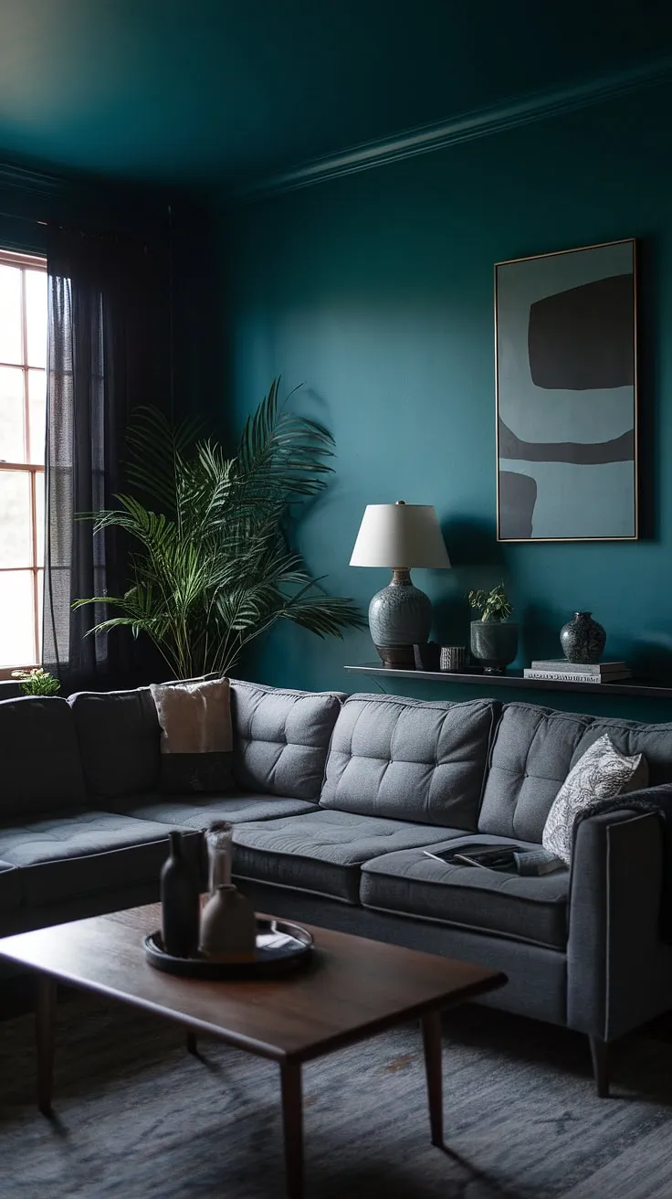 With its rich teal walls and stylish dark home decor, this moody living room offers inspiring paint color ideas for a chic, atmospheric space.