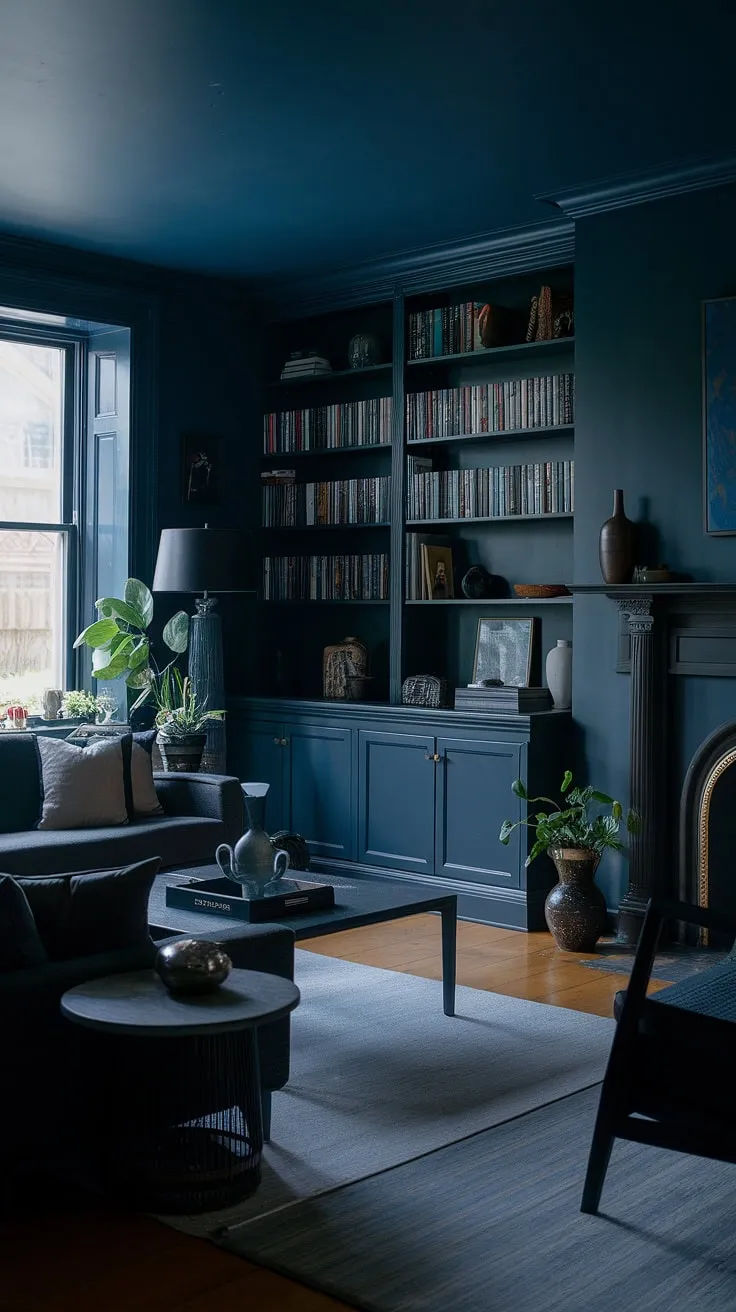 This moody living room showcases a deep blue paint color that enhances its dark home decor, creating a captivating moody aesthetic with stylish furniture and decorative accents.