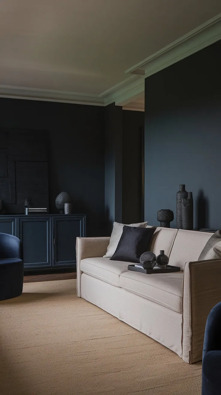 With its dark blue and beige color scheme, this moody home exudes charm through its carefully curated dark home decor and inviting furnishings.