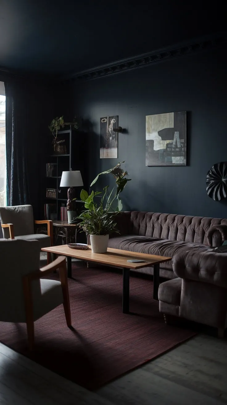 Transform your moody living room into a dark home haven with deep navy walls, a plush grey sofa, and rich decor that highlights the moody aesthetic.