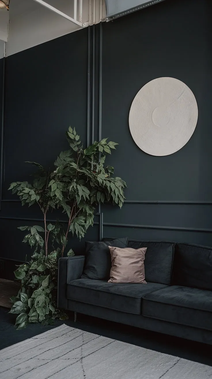 Elevate your dark home with paint color ideas that enhance the moody aesthetic, showcased in this stylish living room adorned with a gray couch and vibrant plant.