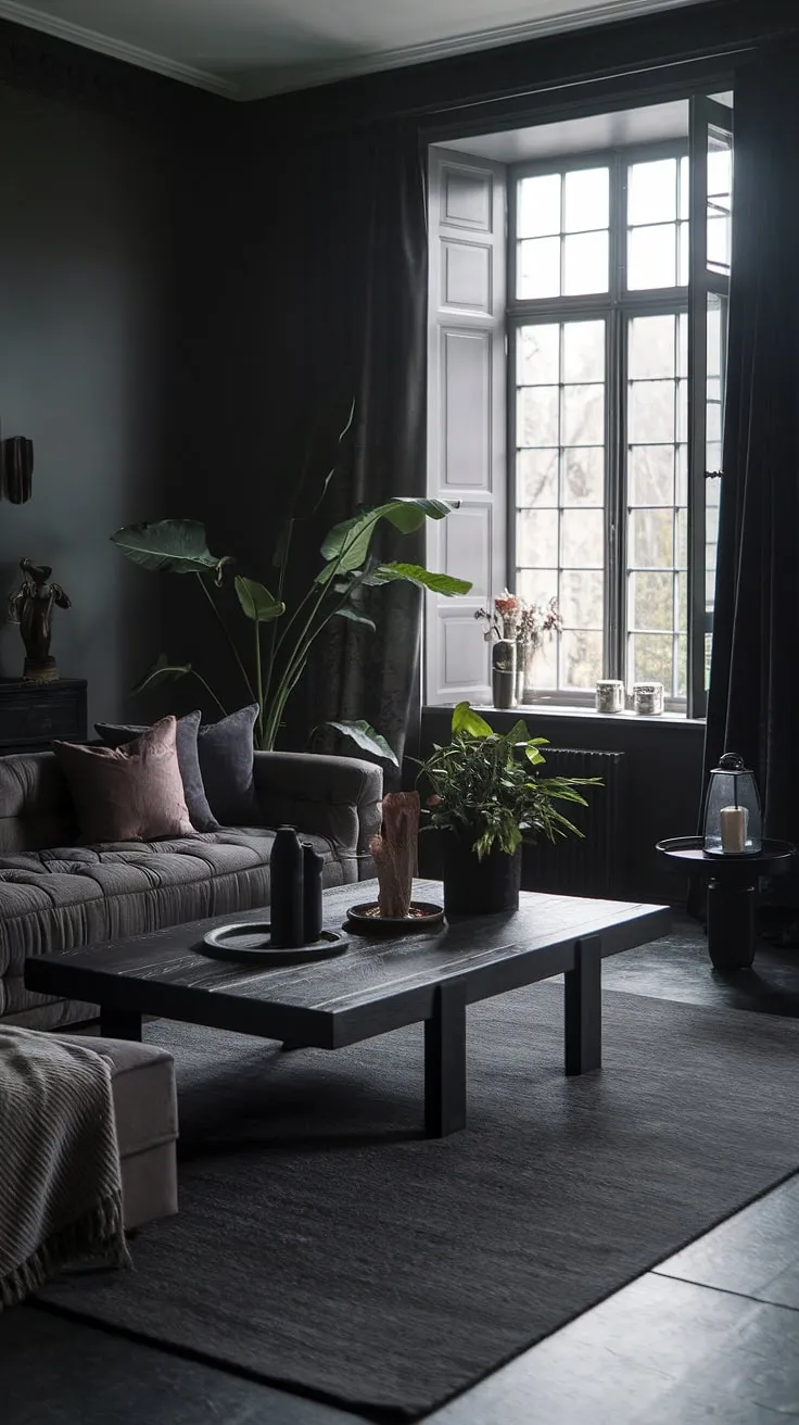 This moody living room showcases a captivating dark home aesthetic with grey walls, plush furnishings, and carefully curated decor that highlights paint color ideas for a stylish, inviting space.