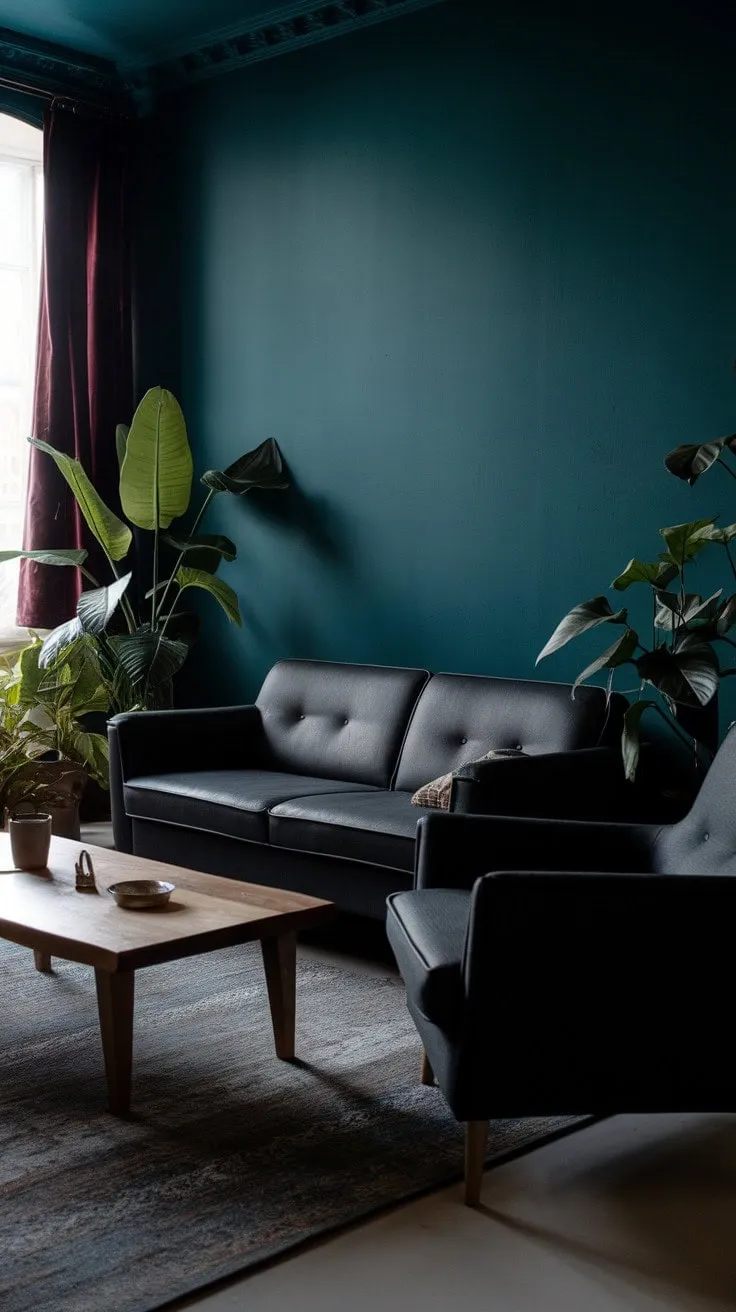 This living room masterfully combines deep teal and charcoal grey with rich textures, crafting a stylish sanctuary that balances comfort and refined mystery.