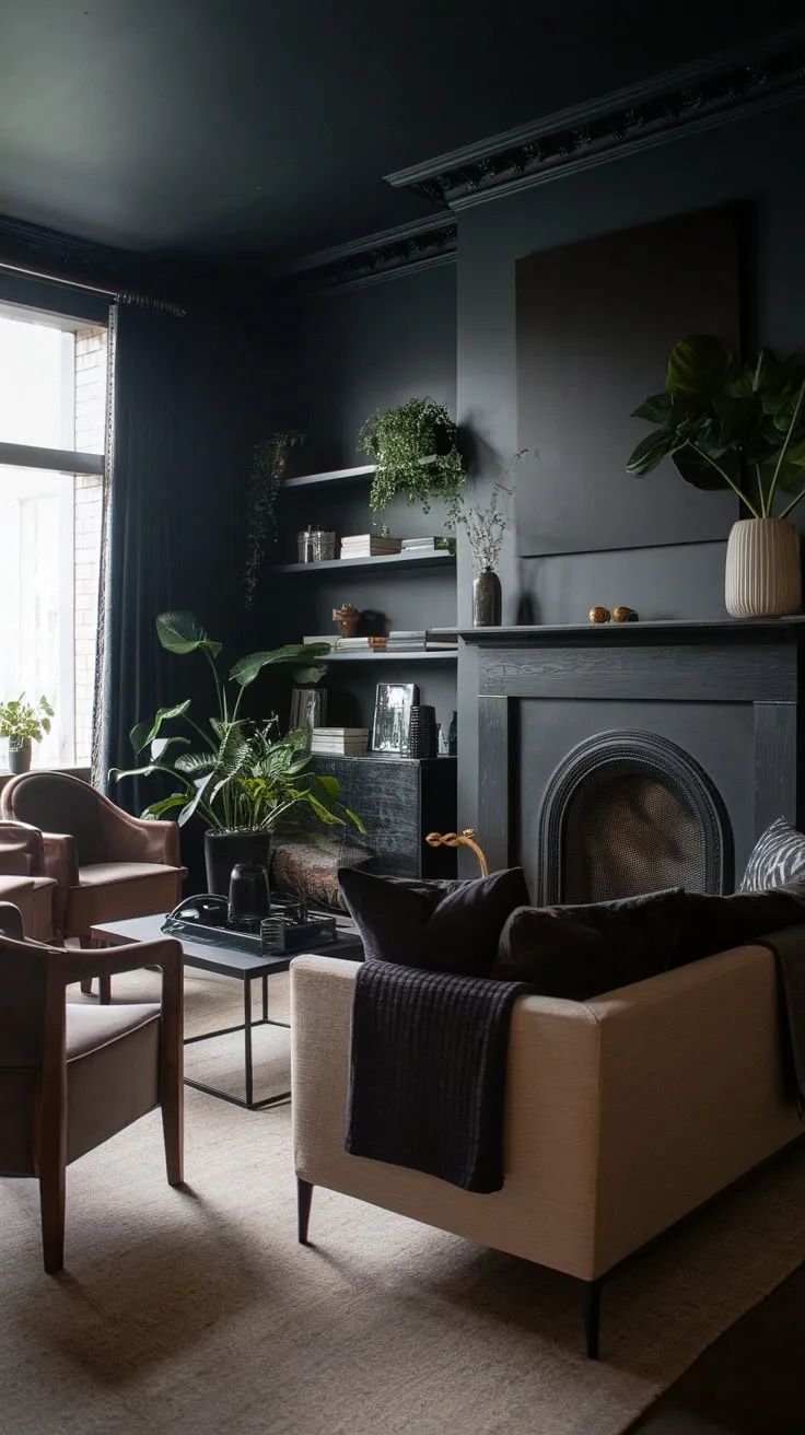 Bathed in twilight's glow, this moody living room exudes dark elegance, blending deep greys and rich textures into a sanctuary of sophisticated comfort.
