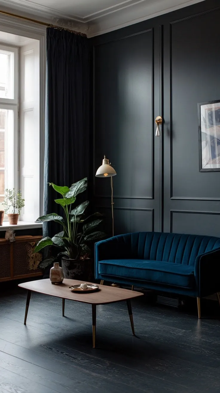 In this moody living room, a plush blue velvet sofa beckons for quiet reflection amidst deep shadows and golden accents, harmonizing cool greys with warm wood and a hint of nature.