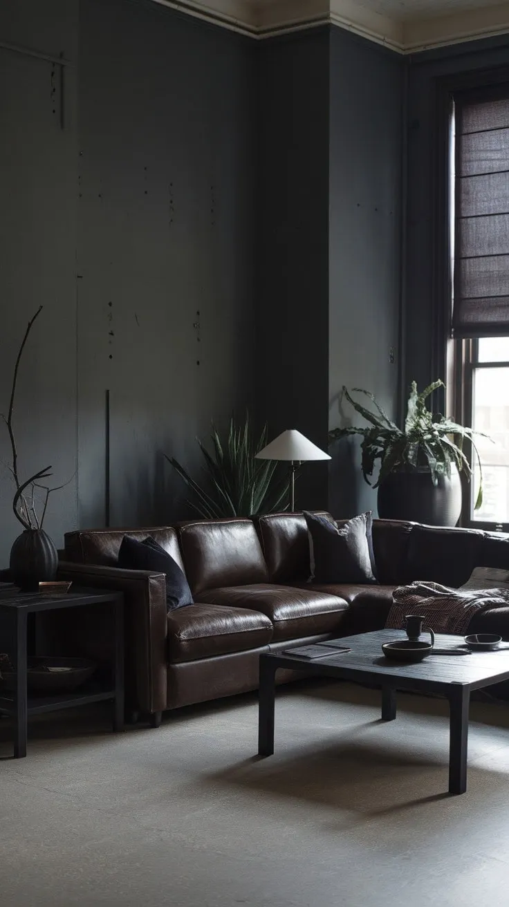 This living room, with its muted tones and raw textures, offers a sophisticated sanctuary for contemplation, where the soft glow of a lamp and the whispers of nail holes evoke a sense of lived-in warmth.