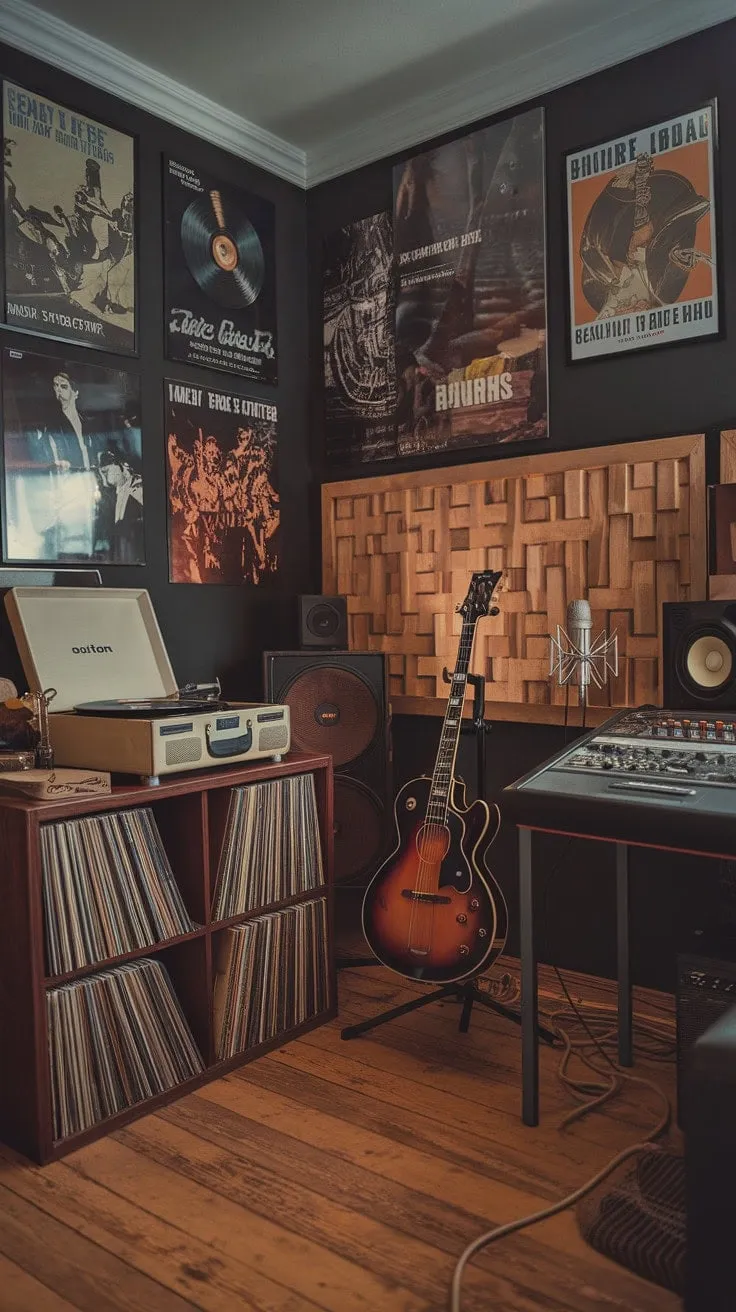This man cave is a vibrant sanctuary where the echoes of vinyl and guitar riffs intertwine, creating a soulful haven steeped in musical history and passion.
