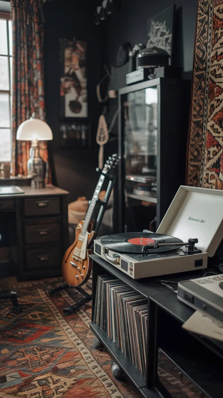 In a sanctuary of rhythm and soul, the echoes of a well-lived life resonate through the comforting darkness and vintage vibes of a well-worn guitar.