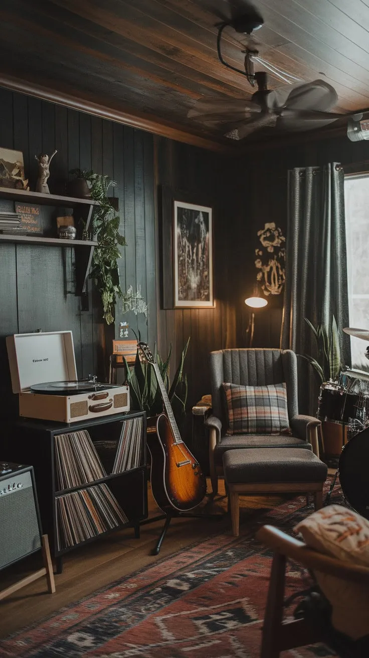 This man cave is a vintage-inspired sanctuary where dark wood and musical history ignite boundless creativity and passion.