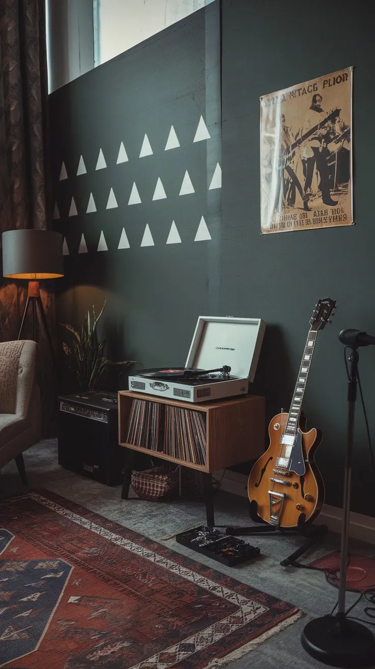 In this moody man cave, rich green walls cradle a sanctuary of creativity where soulful melodies and musical treasures come to life.