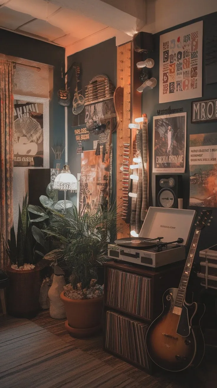 In a cozy sanctuary filled with a beloved record player and a trusty guitar, the magic of music comes alive, echoing the soul of its creator.