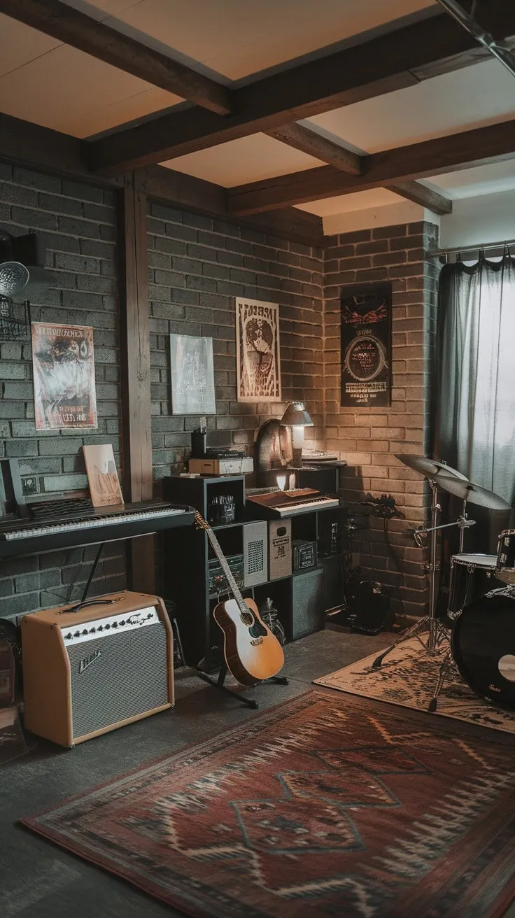 This man cave is a melodic sanctuary where vintage stories and creative inspiration intertwine, giving life to legends and harmonies.