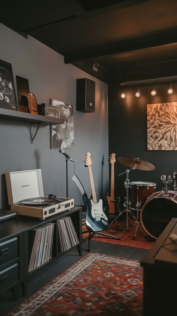 In a dimly lit sanctuary alive with rock and roll echoes, creativity flourishes amidst the warmth of vinyl and the heartbeat of drums.