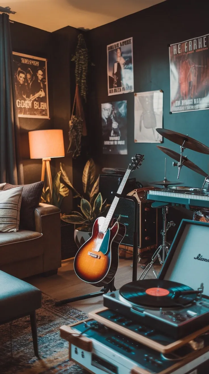 This man cave is a soulful sanctuary where cherished instruments and warm memories harmonize under a gentle glow.