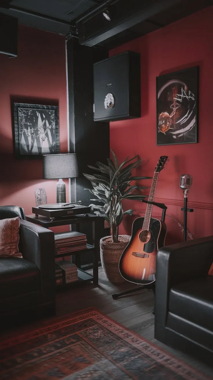 In a dimly lit sanctuary awash in red hues, creativity thrives as the air pulses with the enchanting promise of analog melodies.