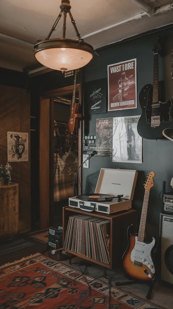 The atmospheric music room design showcases a record room vibe with a guitar, microphone, and vintage lighting, making it an ideal space for any music enthusiast.