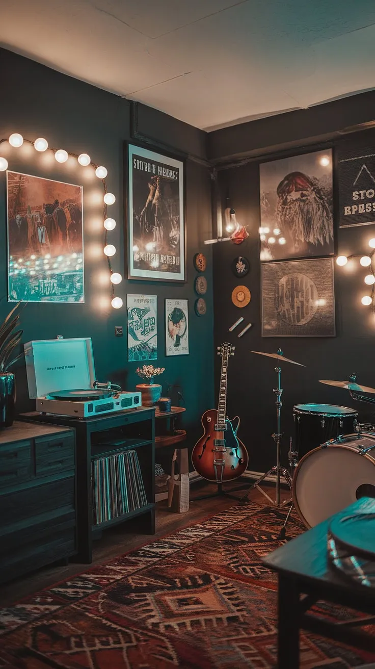This moody man cave features a vintage music room design with a record player, guitar, and microphone, creating the perfect home studio setup for music lovers.
