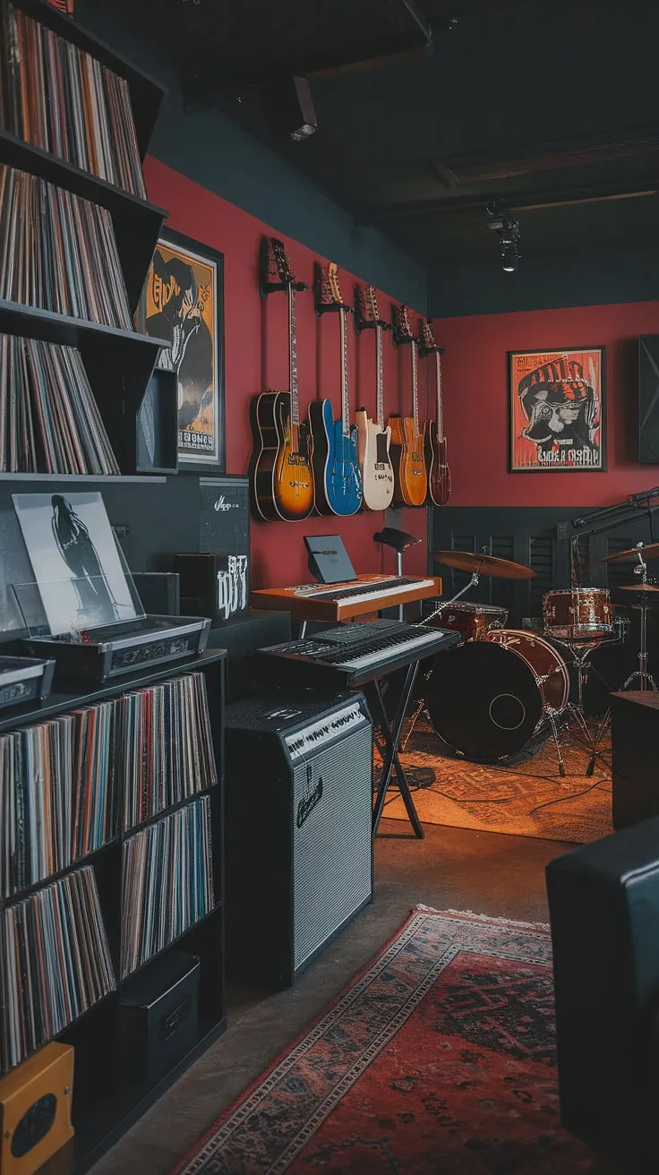 This moody man cave features a stunning music room design with a record room for vinyl, a guitar room showcasing multiple guitars, and a music studio room equipped with a drum set and keyboards, all set against a dark color scheme.