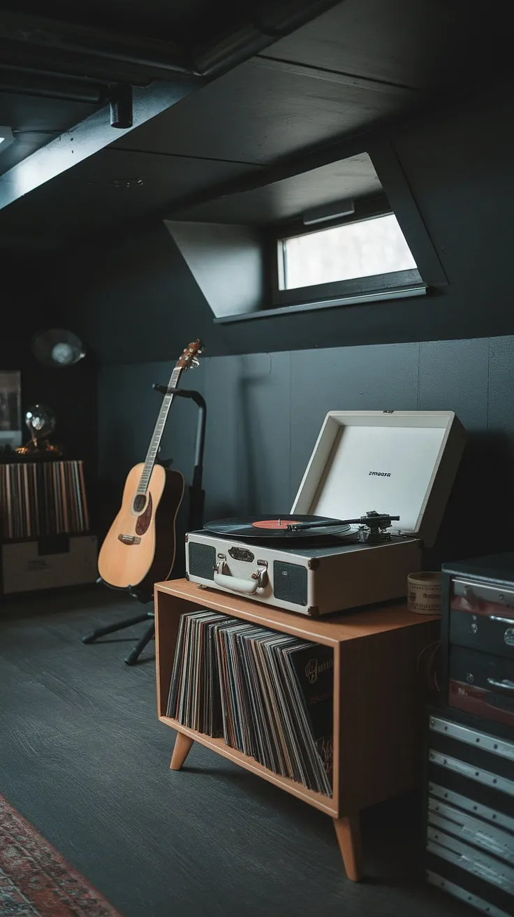 This moody man cave music room features a vintage record player and guitar, creating the perfect ambiance for a home music studio setup.