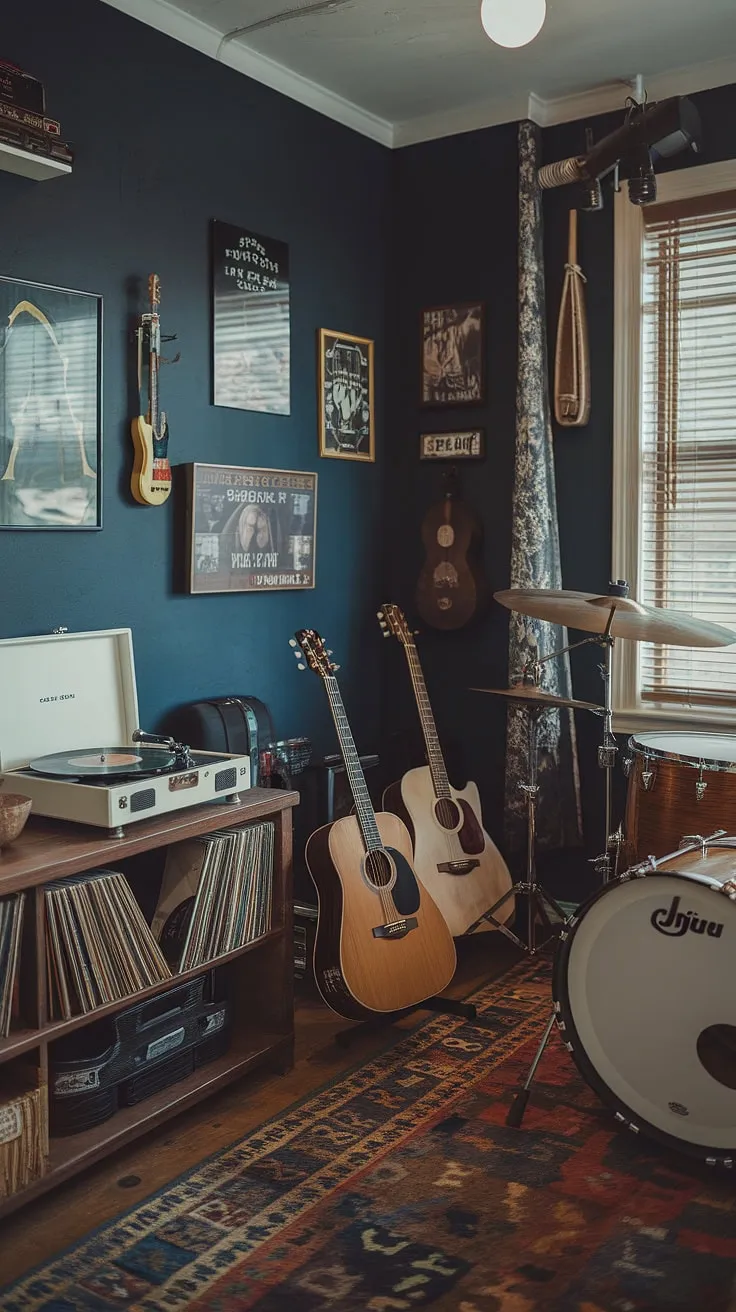 This moody man cave features a vintage music room design with a record player, guitars, and a drum set, creating the perfect home studio setup for any music enthusiast.
