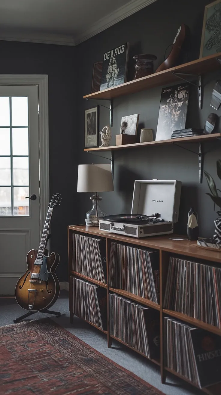 The dark gray walls and decorative elements in this music room transform it into an inviting record room ideal for any music enthusiast.