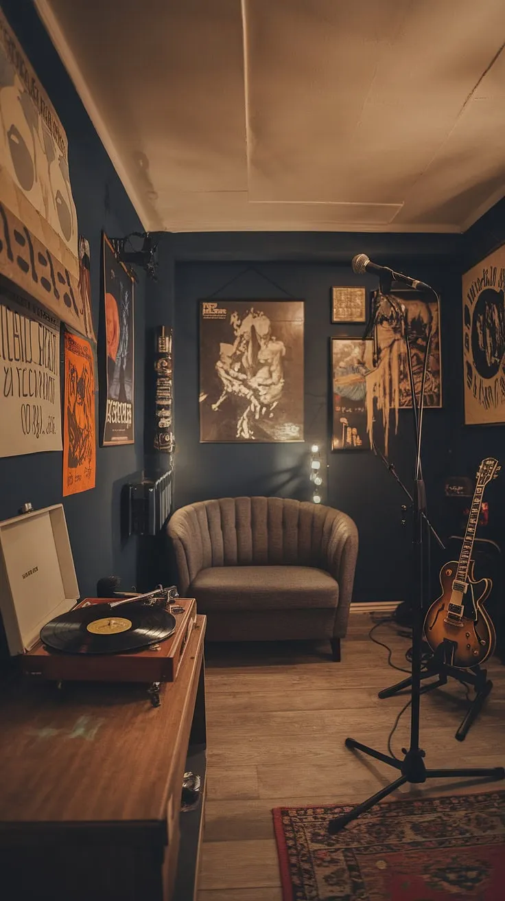 The cozy music studio room, adorned with vinyl records and a guitar, offers an inviting atmosphere for creativity and relaxation in a stylish man cave design.