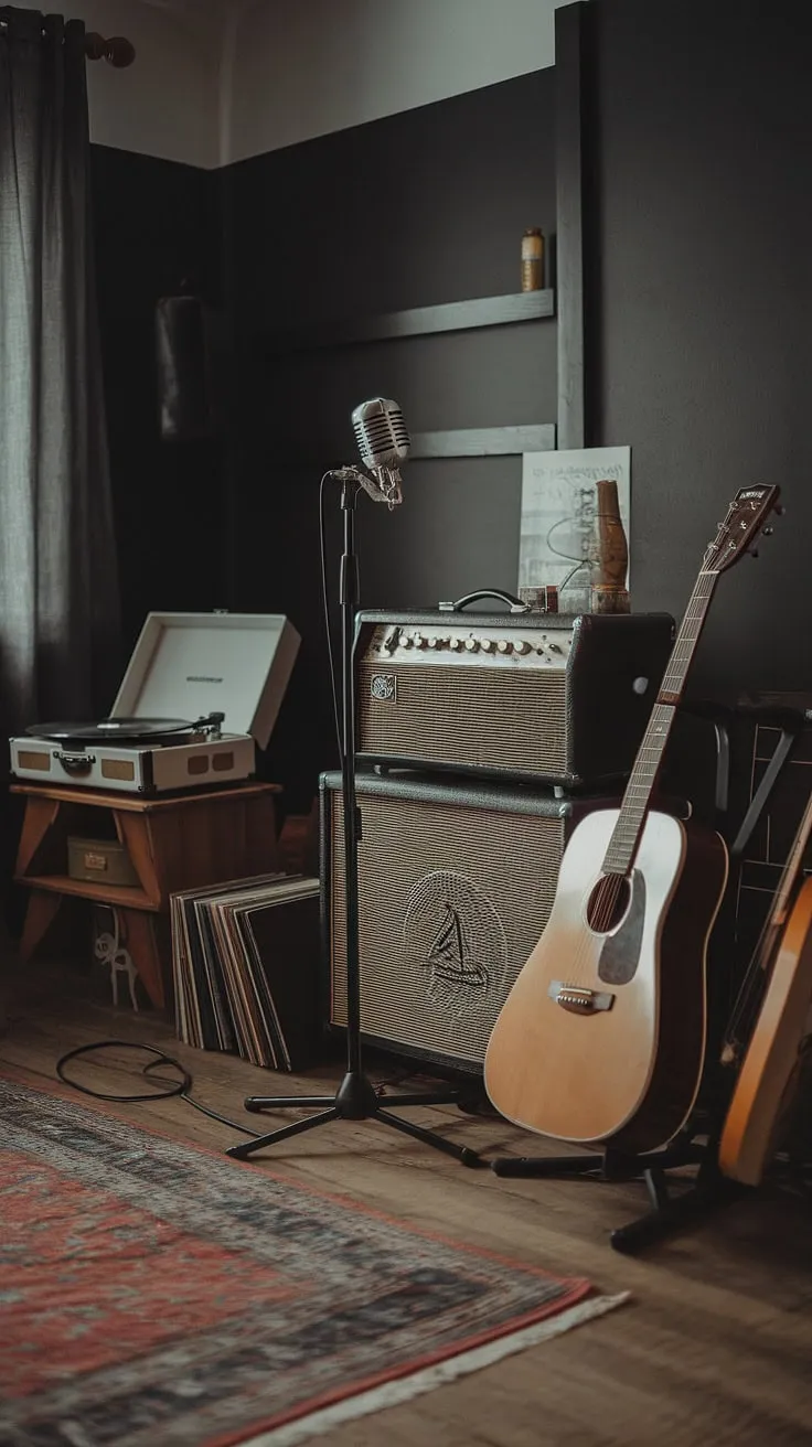 With its soft lighting and wooden floor, this music room design transforms into an ideal guitar room and record room for any music enthusiast.