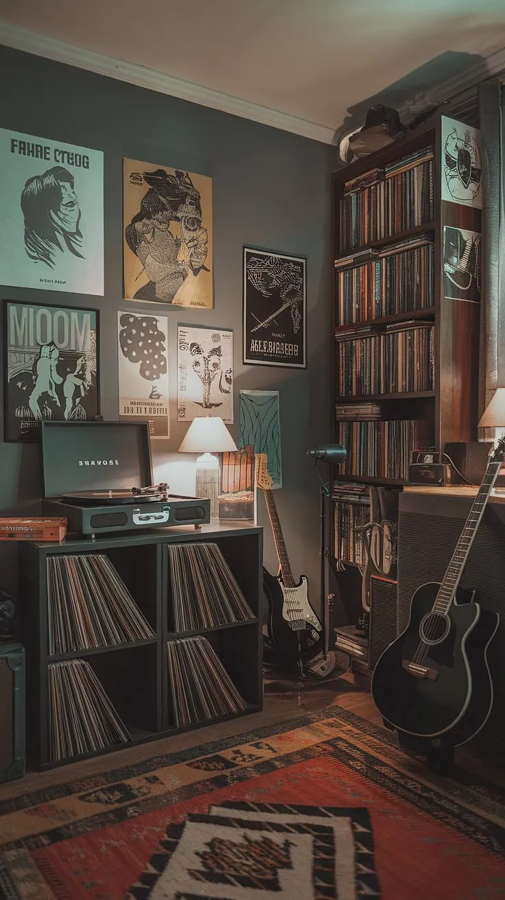 The vintage-inspired music studio room features a record player, guitar, and cozy decor, making it an ideal space for music lovers to enjoy their home music rooms.