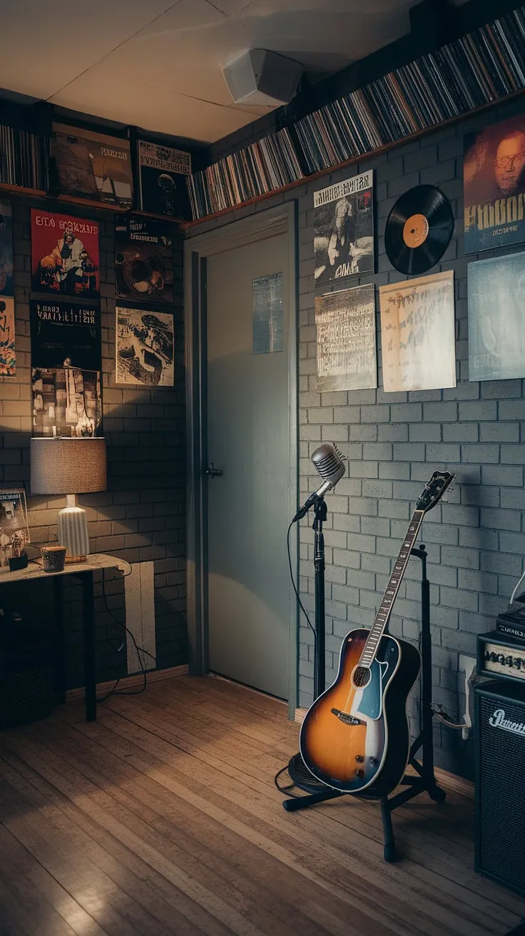 The stylish music room design showcases a vintage guitar and microphone against a backdrop of record-lined grey brick walls, ideal for a cozy home studio experience.